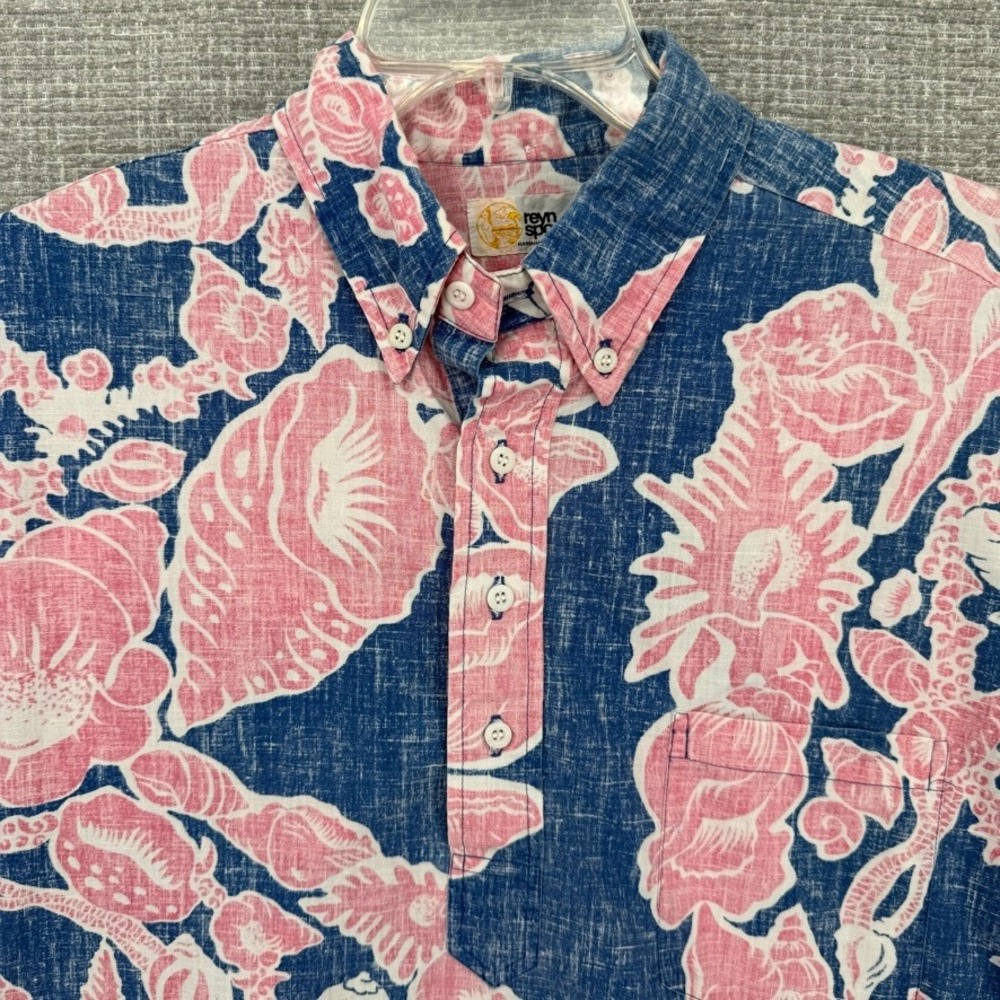 Vtg 80s Reyn Spooner Sz M Popover Blue Pink Floral Lei Shell Shirt Hawaii Kloth